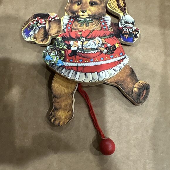 Vintage Christmas Ornament Wood Bear, Holiday Pull String Puppet with Motion - Picture 2 of 4